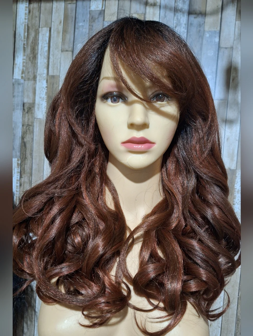 Luxurious Long Wavy Human Hair Blend Wig - Chestnut Brown - Picture 3 of 7
